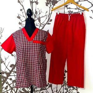 A&A Style Scrubs Plaid Red & White Scrub Top (T-Shirt)&Bottoms (Pants) NWOT $45